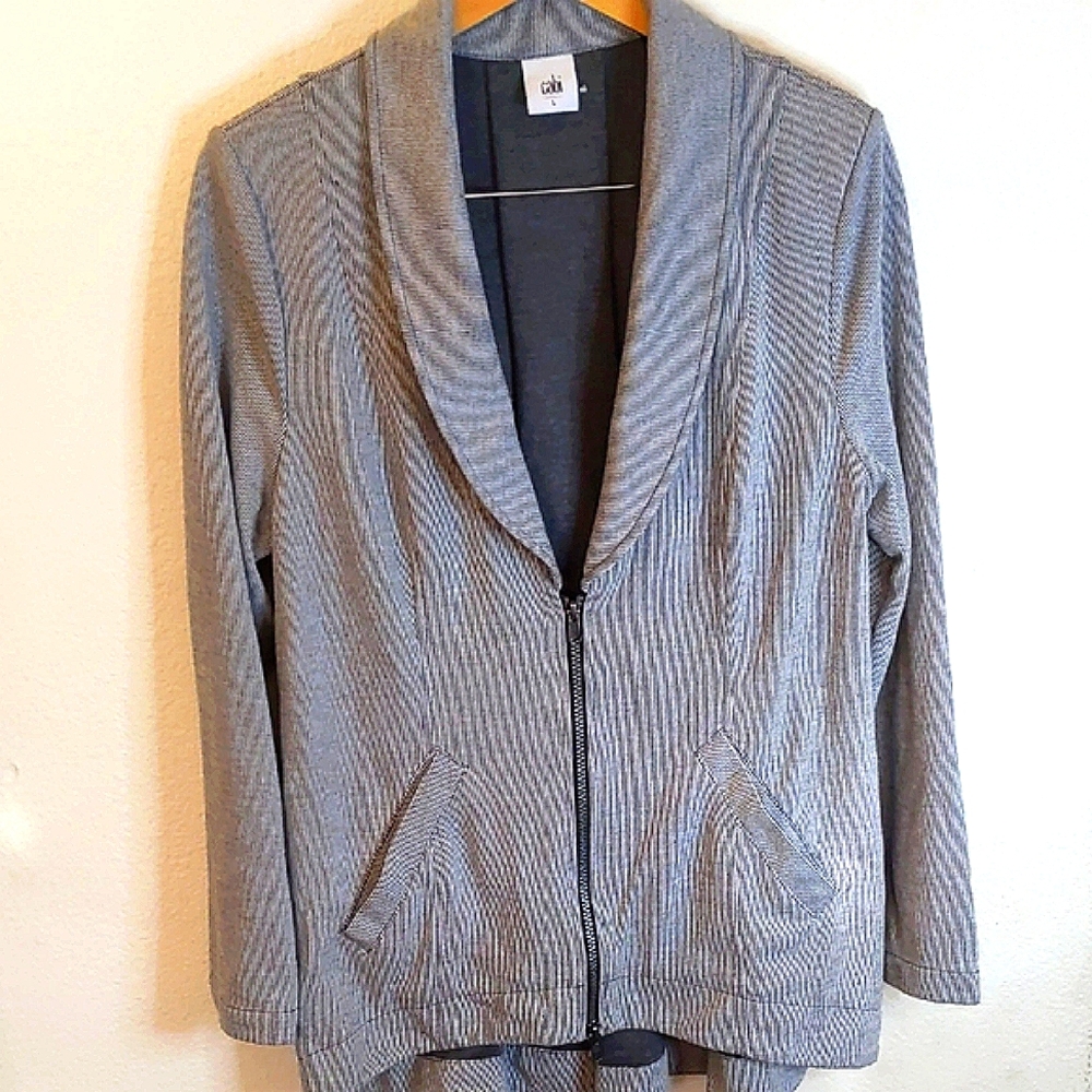 Cabi Charcoal and White Striped Jacket Zipper Front & Back V Neck Large